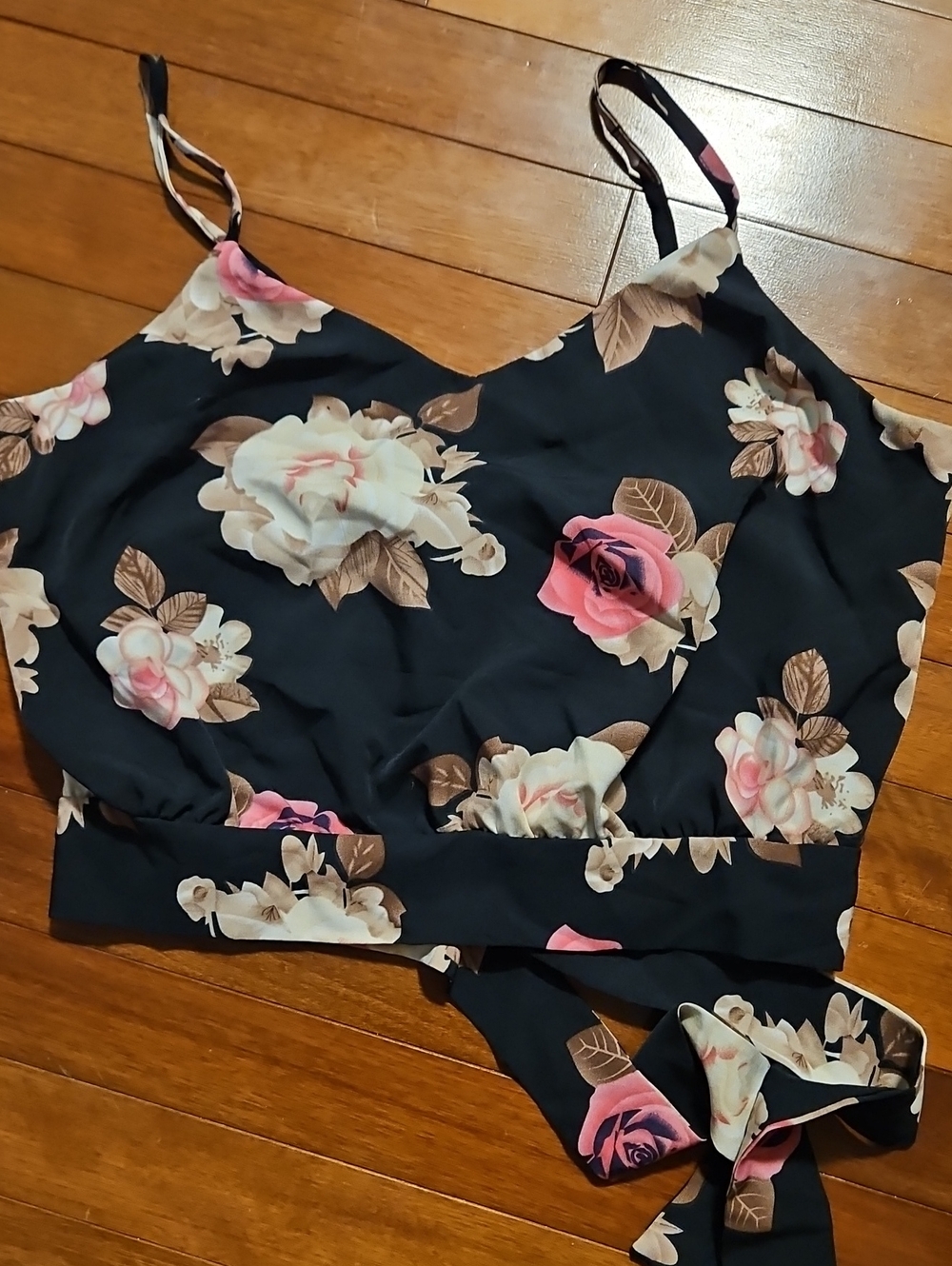 5FOR$30 Floral V-Neck Tie-Back Cami Top - Black with Pink & Cream Roses